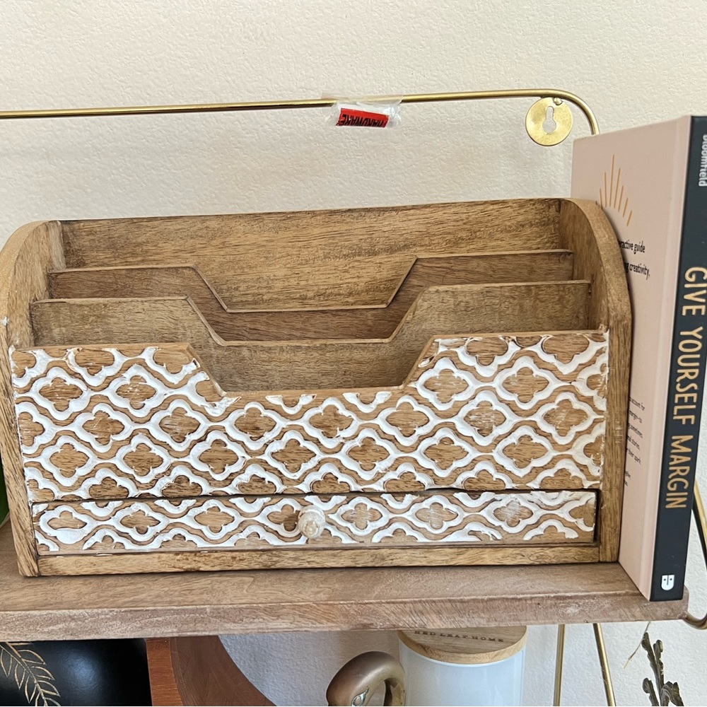 Carved wood letter organizer holder